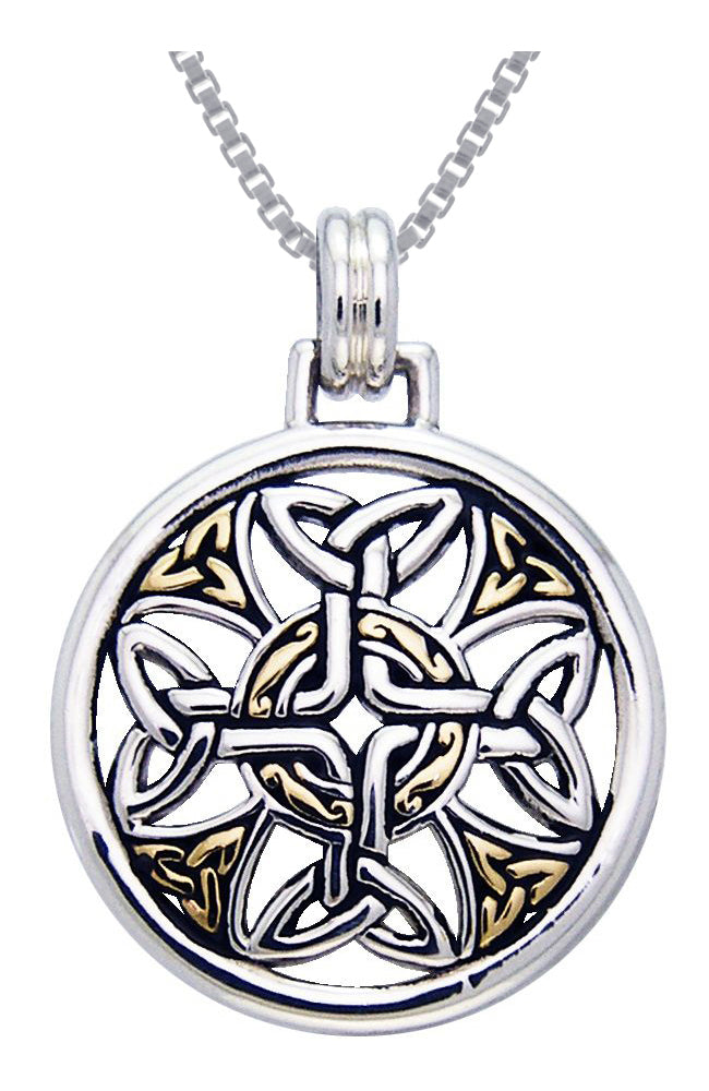 Jewelry Trends Sterling Silver Celtic Trinity Knotwork Cross Medallion Pendant with Gold-plating on Box Chain Necklace