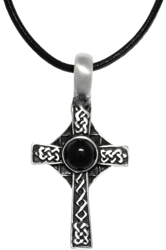 Jewelry Trends Pewter Celtic Cross Pendant with Black Orb on Black Leather Necklace