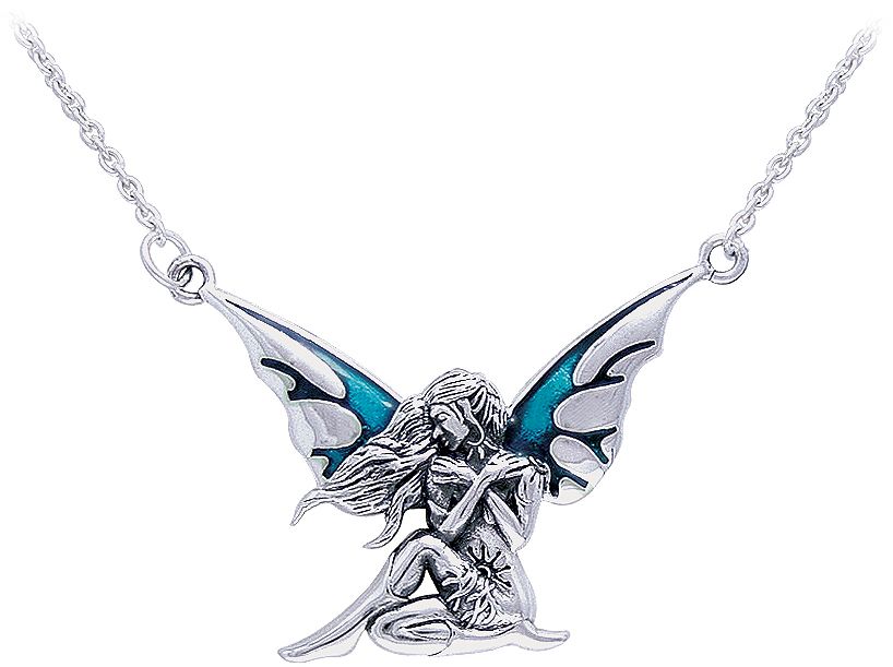 Jewelry Trends Sterling Silver Teal Enameled Dark Wings Fairy Pendant on Link Necklace Chain By Jessica Galbreth