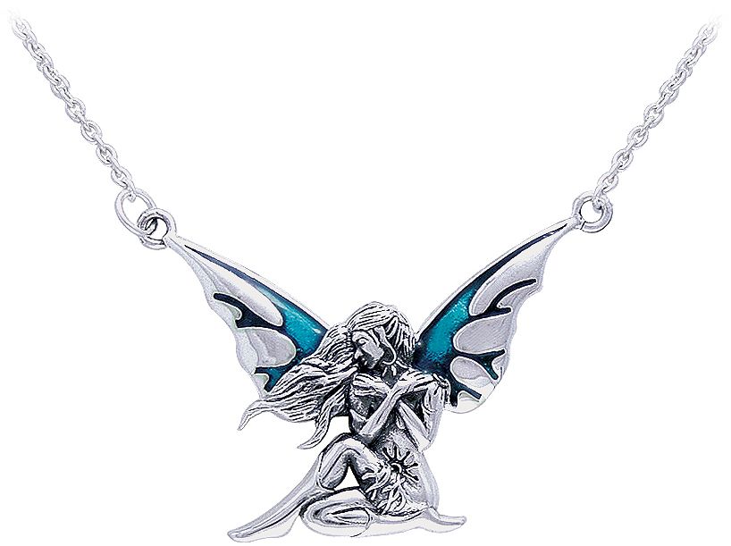 Jewelry Trends Sterling Silver Teal Enameled Dark Wings Fairy Pendant on Link Necklace Chain By Jessica Galbreth