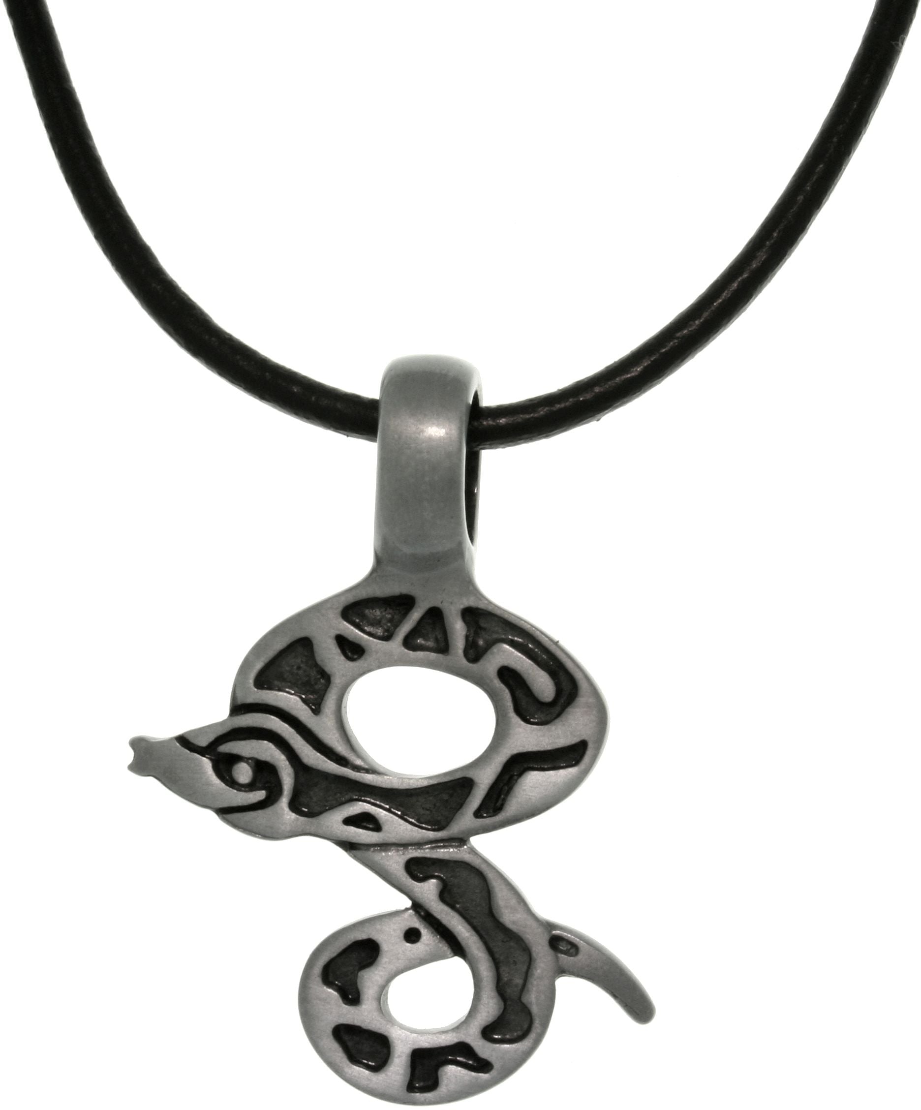 Jewelry Trends Pewter Unisex Snake of Protection Pendant on Black Leather Cord Necklace