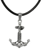 Jewelry Trends Stainless Steel Hope Anchor Pendant with Crystal and Rope Detail on Black Leather Necklace