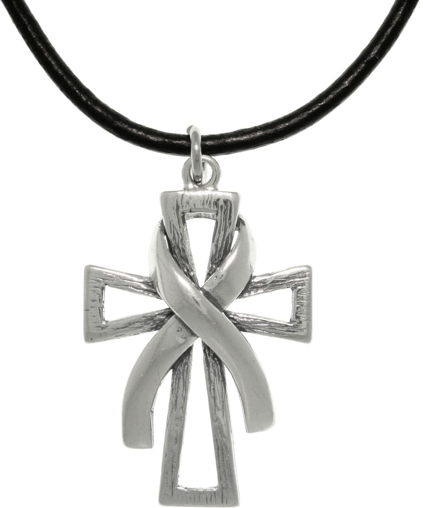 Jewelry Trends Sterling Silver Cross with Awareness Ribbon Pendant on Black Leather Necklace