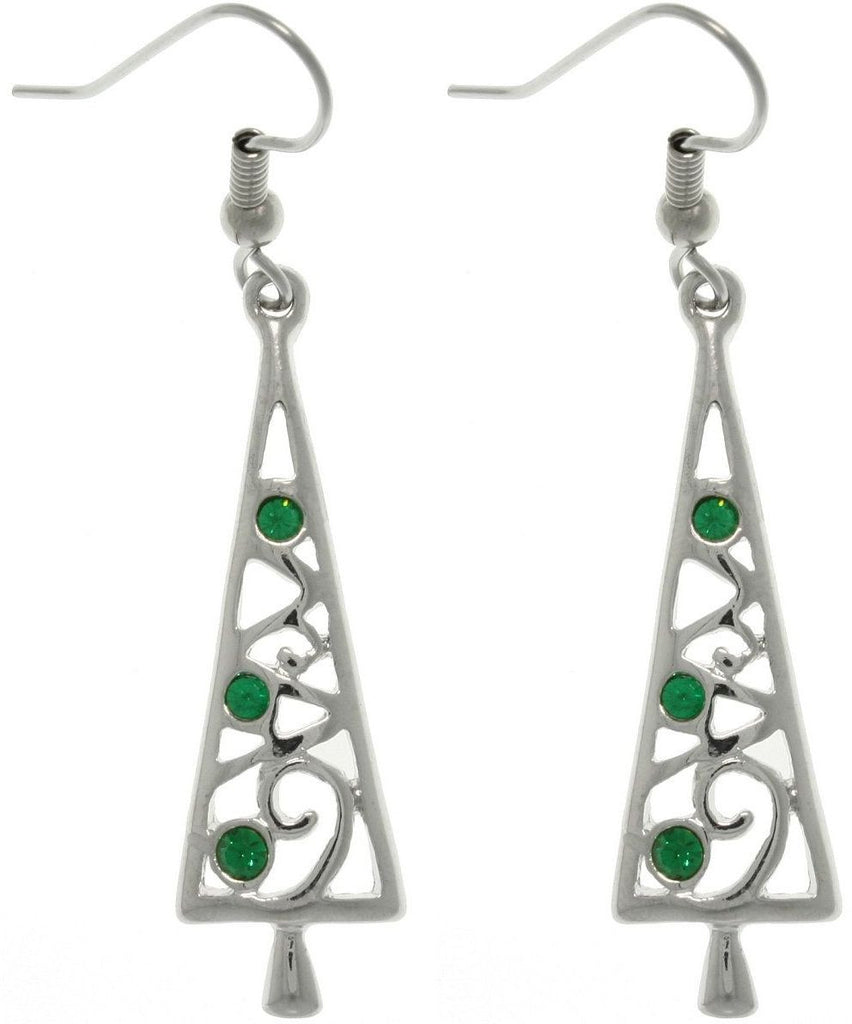 Jewelry Trends Pewter Holiday Christmas Tree Dangle Earrings with Bright Finish and Green Crystals