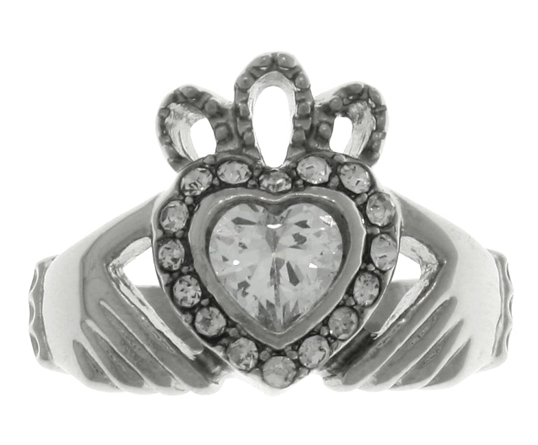 Jewelry Trends Stainless Steel Celtic Ring with Claddagh Heart Crown and Rhinestone Crystals Whole Sizes 5 - 8 - 5