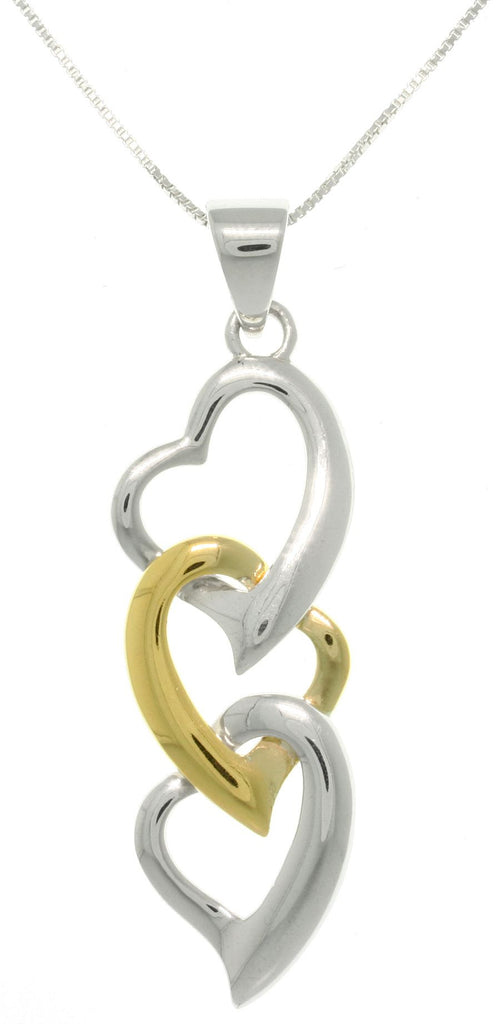 Jewelry Trends Sterling Silver and Gold-plated Three Heart Pendant with 18 Inch Chain Necklace Mothers Day Gift