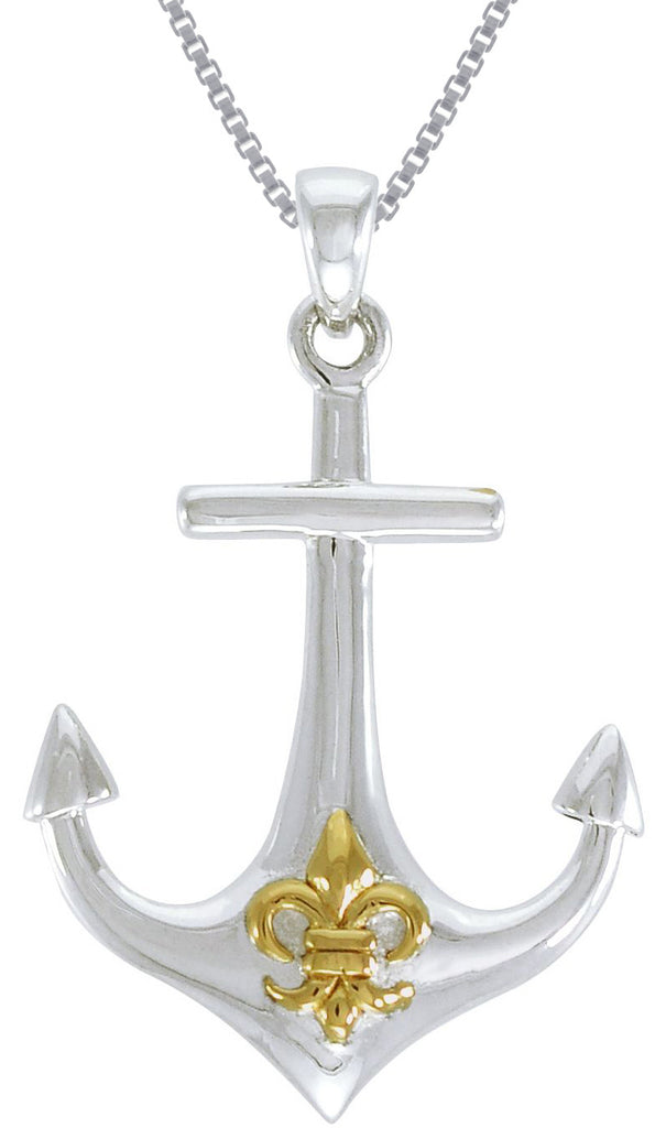 Jewelry Trends Sterling Silver Anchor Pendant with Gold-plated Fleur De Lis Symbol on 18 Inch Box Chain Necklace