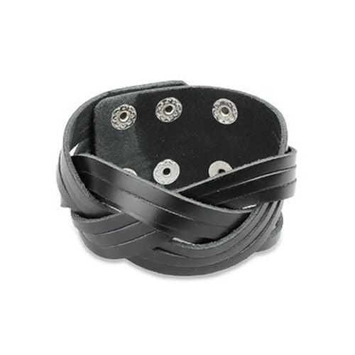 Jewelry Trends Black Genuine Leather Bracelet with a Triple Cut Weave Braid Design and Adjustable Snaps
