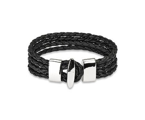Jewelry Trends Black Genuine Leather Four Braided Strands with Steel T-bar Closure Bracelet