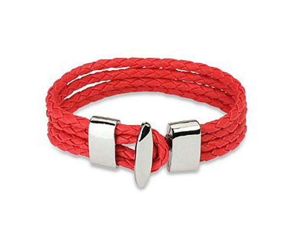 Jewelry Trends Red Genuine Leather Four Braided Strands with Steel T-bar Closure Bracelet