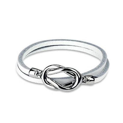 Jewelry Trends White Genuine Leather Silver-tone Magnetic Steel Knot Closure Wrap Bracelet