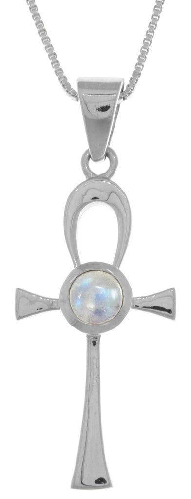 Jewelry Trends Sterling Silver Egyptian Cross Ankh Pendant with Moonstone on 18 Inch Box Chain Necklace