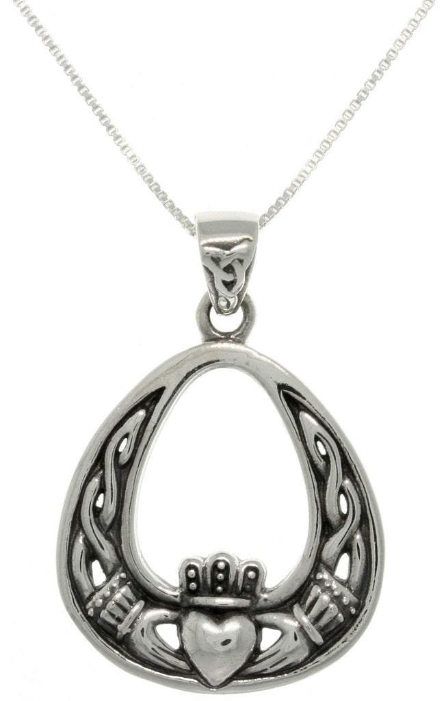 Jewelry Trends Sterling Silver Celtic Claddagh Teadrop Pendant on 18 inch Box Chain Necklace