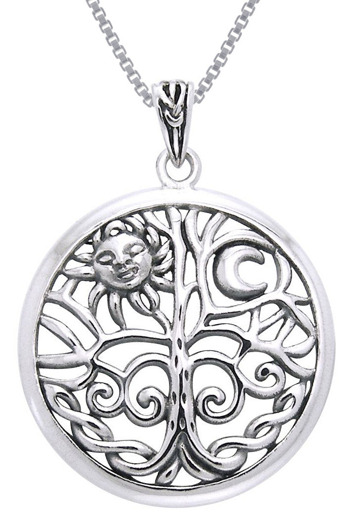 Jewelry Trends Sterling Silver Celtic Sun Moon Tree of Life Pendant on 18 Inch Box Chain Necklace