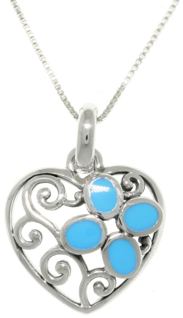 Jewelry Trends Sterling Silver Filigree Heart with Created Turquoise Pendant on 18" Box Chain Necklace