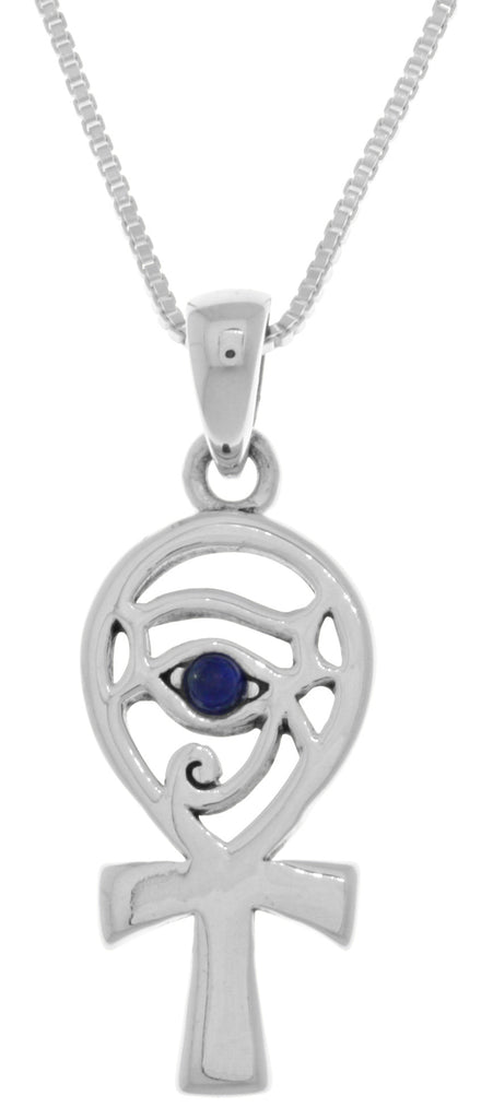 Jewelry Trends Sterling Silver Eye of Horus Ankh Pendant with Synthetic Blue Lapis on 18 Inch Box Chain Necklace