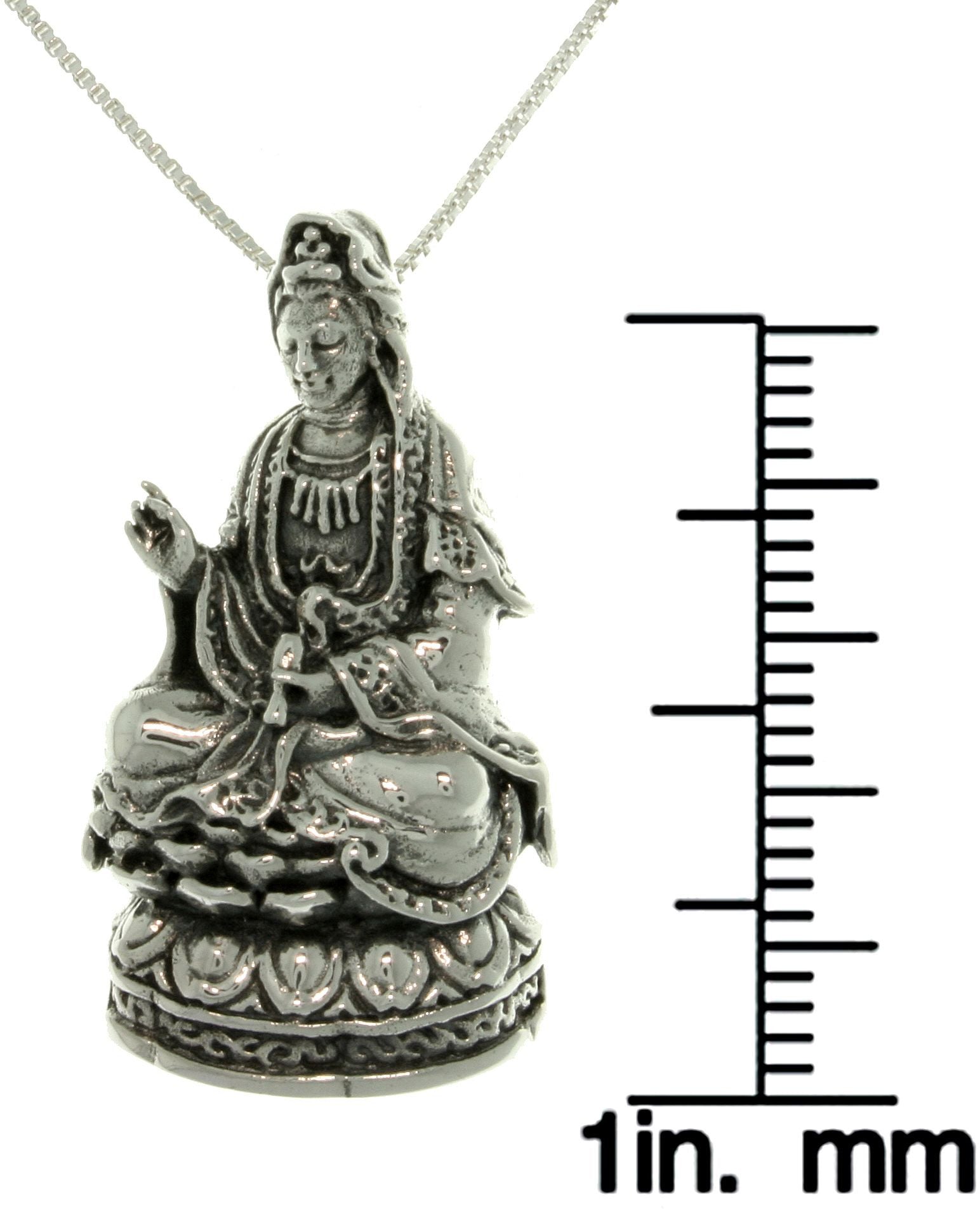 Jewelry Trends Sterling Silver Kwan Yin on Lotus Flower Pendant on Box Chain Necklace Quan Yin