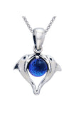 Jewelry Trends Sterling Silver Double Love Dolphins Pendant with Bermuda Blue Crystal on 18 Inch Box Chain Necklace