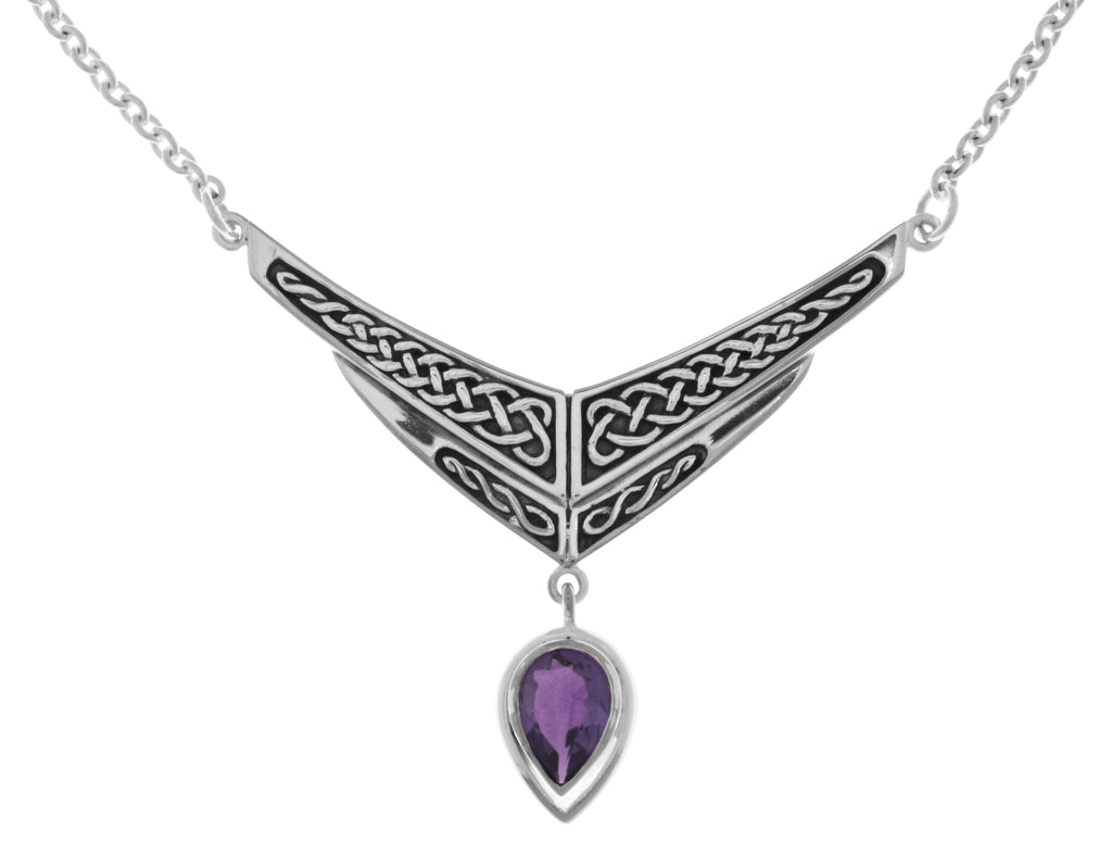Jewelry Trends Silver Plated Bronze Celtic Knot Chevron Drop Pendant with Purple Glass on Link Chain Necklace