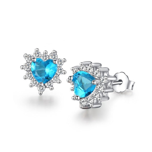 Jewelry Trends Sterling Silver Blue CZ Crystal Heart Stud Earrings with Clear CZ Crystals Prom Jewelry