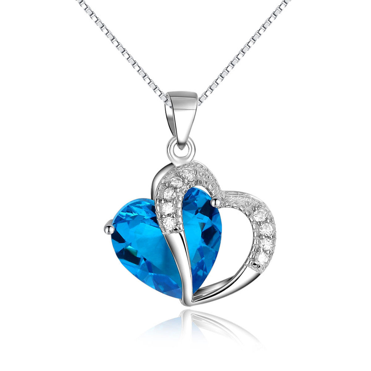 Jewelry Trends Sterling Silver Double Heart Pendant with Blue and Clear CZ Crystals on Box Chain Necklace Jewelry