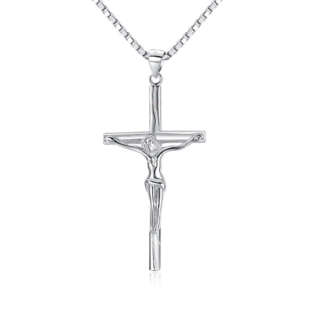 Jewelry Trends Sterling Silver Jesus on Cross Pendant of Crucifix on 18 Inch Box Chain Necklace