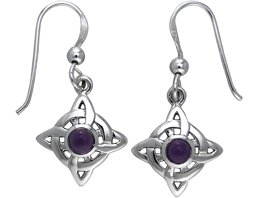 Jewelry Trends Sterling Silver Celtic Quaternary Luck Knot Dangle Earrings with Purple Amethyst Stones