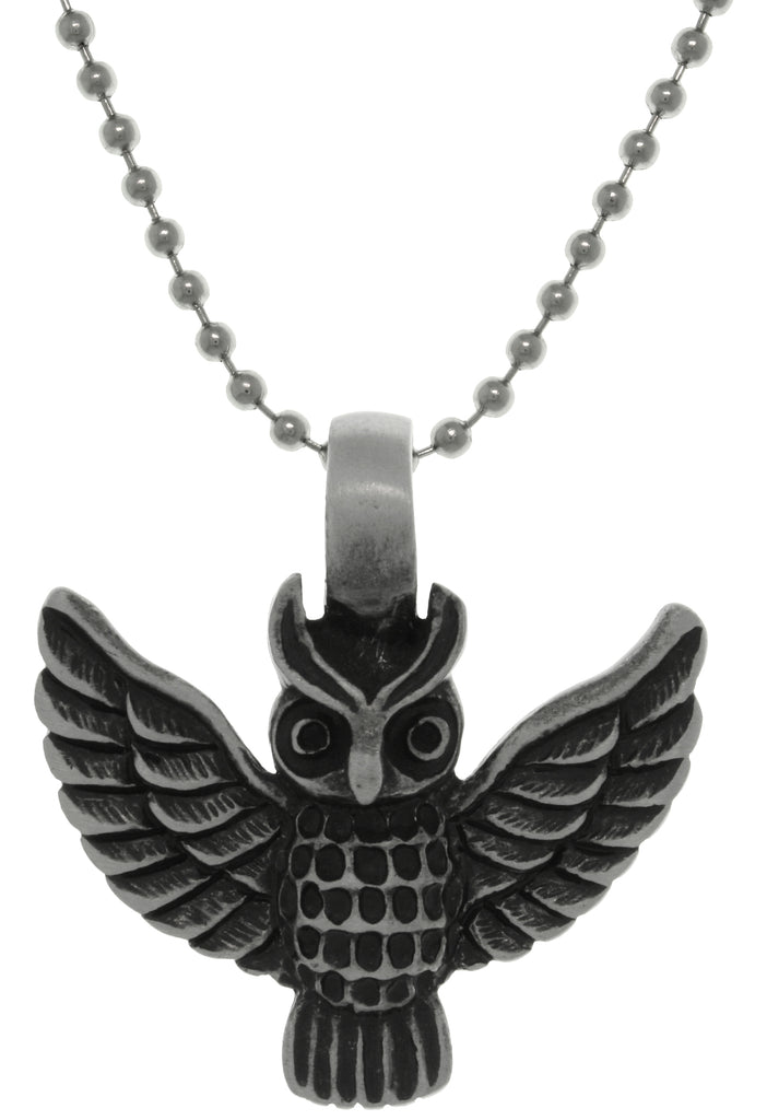 Jewelry Trends Pewter Barn Owl With Flight Wings Pendant on Steel Ball Chain Necklace