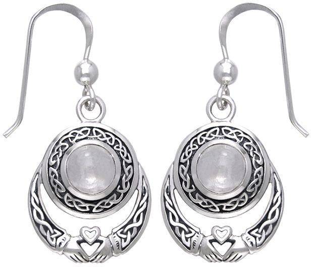 Jewelry Trends Sterling Silver Celtic Knot Claddagh Round Moonstone Dangle Earrings