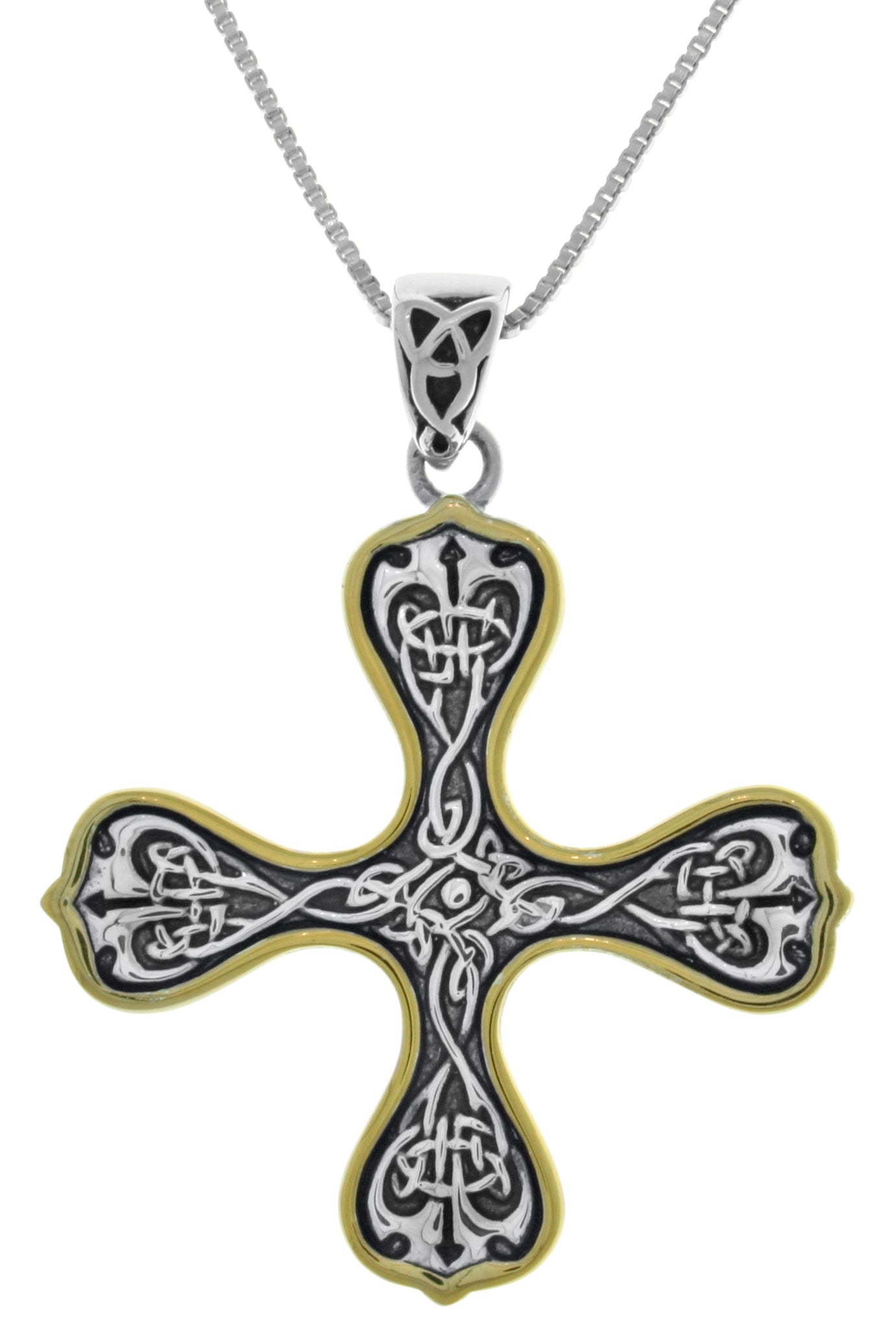 Jewelry Trends Sterling Silver Celtic Knotwork Cross Pendant with 14k Gold-Plating on 18 Inch Box Chain Necklace