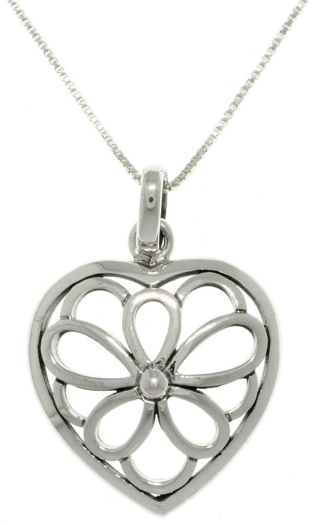 Jewelry Trends Sterling Silver Southwestern Open Flower Heart Pendant on 18 Inch Chain Necklace