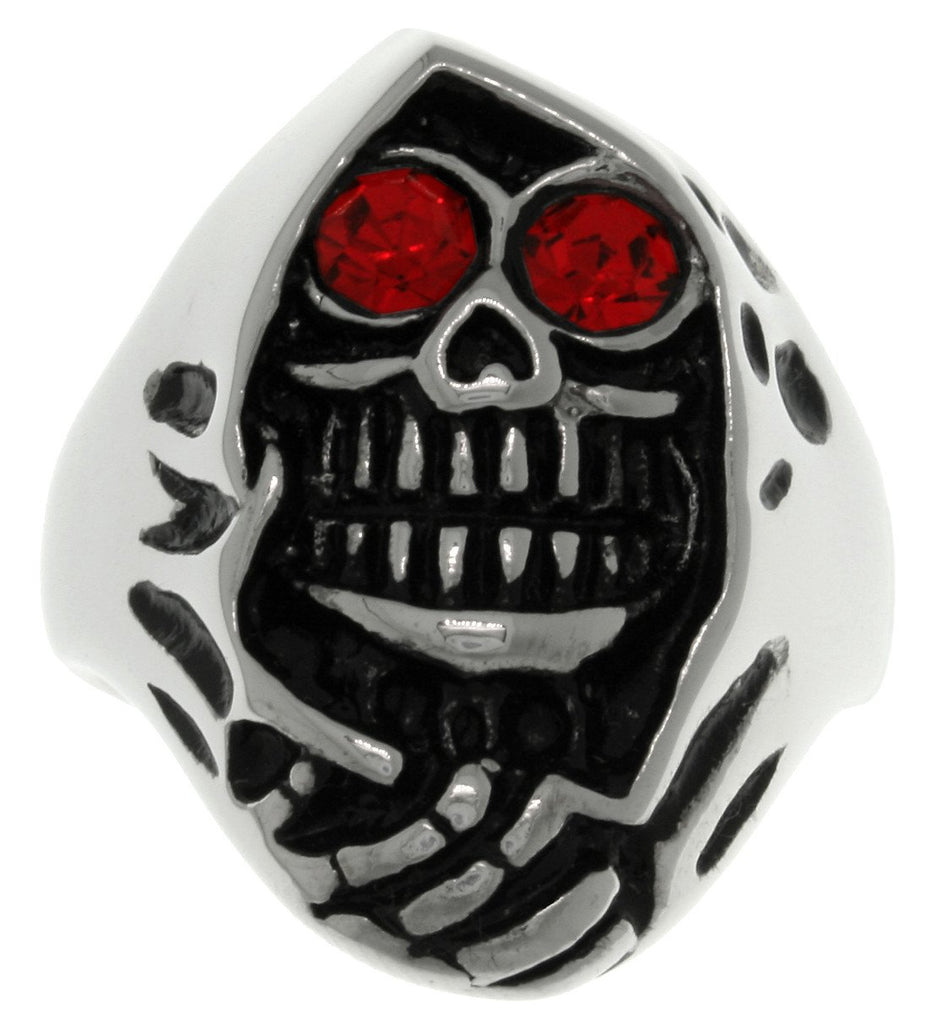 Jewelry Trends 316L Stainless Steel Grim Reaper Skull Ring with Red CZ Eyes Wide Cast Band Whole Sizes 9 - 14 - 10