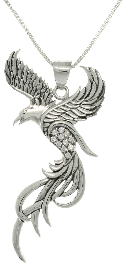 Jewelry Trends Sterling Silver and CZ Eagle Phoenix Pendant on 18 Inch Box Chain Necklace