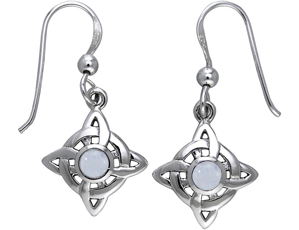Jewelry Trends Sterling Silver with Rainbow Moonstone Celtic Quaternary Luck Knot Dangle Earrings