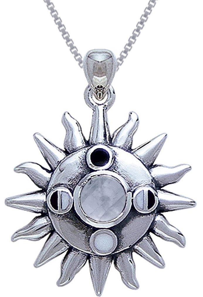 Jewelry Trends Sterling Silver Sun with Moon Phases Pendant with Moonstone on 18 Inch Box Chain Necklace