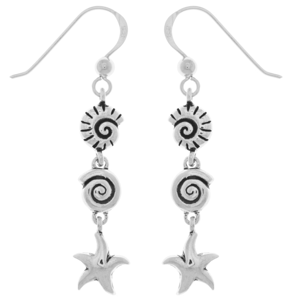 Jewelry Trends Sterling Silver Seashell and Starfish Long Dangle Earrings
