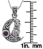 Jewelry Trends Sterling Silver Celtic Crescent Moon and Cat Pendant with Purple Amethyst on 18 Inch Chain Necklace