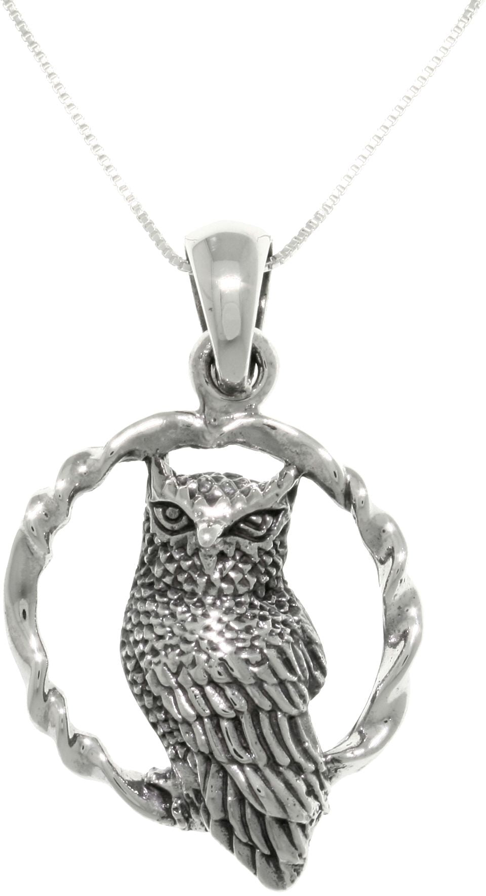Jewelry Trends Sterling Silver Wise Owl on Round Swing Pendant with 18 Inch Box Chain Necklace