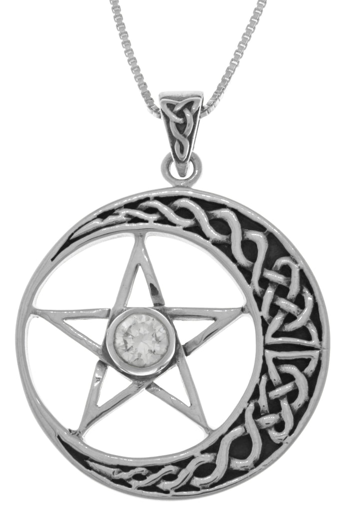 Jewelry Trends Sterling Silver Celtic Moon and Star Pentacle Pendant with CZ on 18 Inch Box Chain Necklace