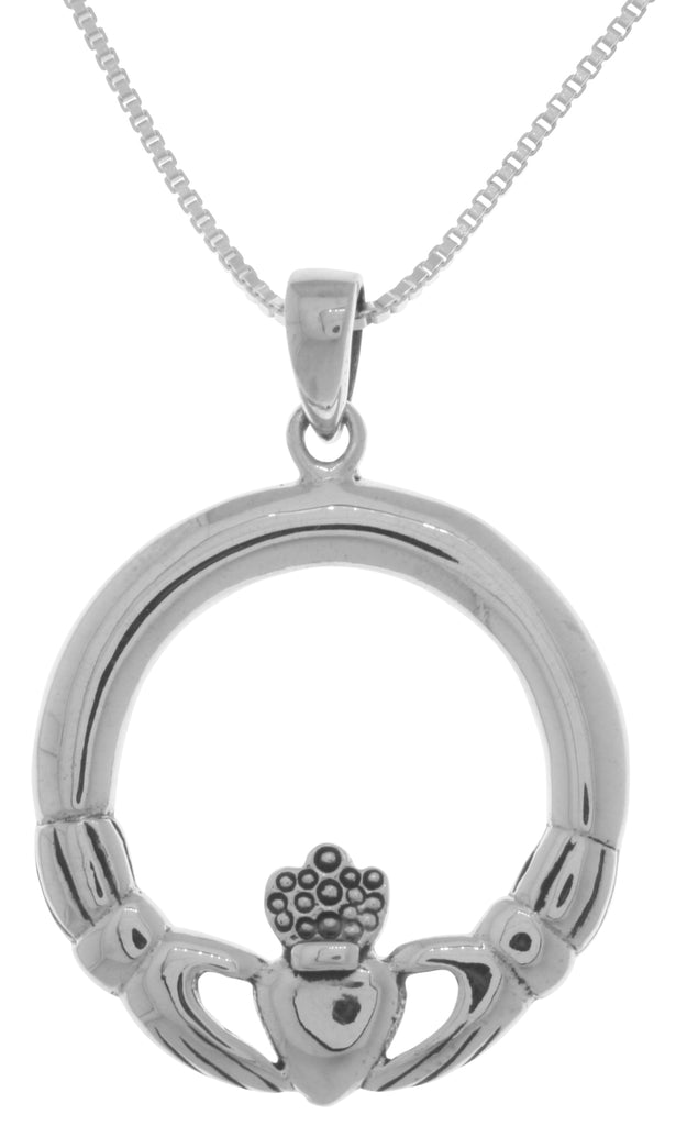 Jewelry Trends Sterling Silver Celtic Claddagh Large Round Pendant on 18 Inch Box Chain Necklace