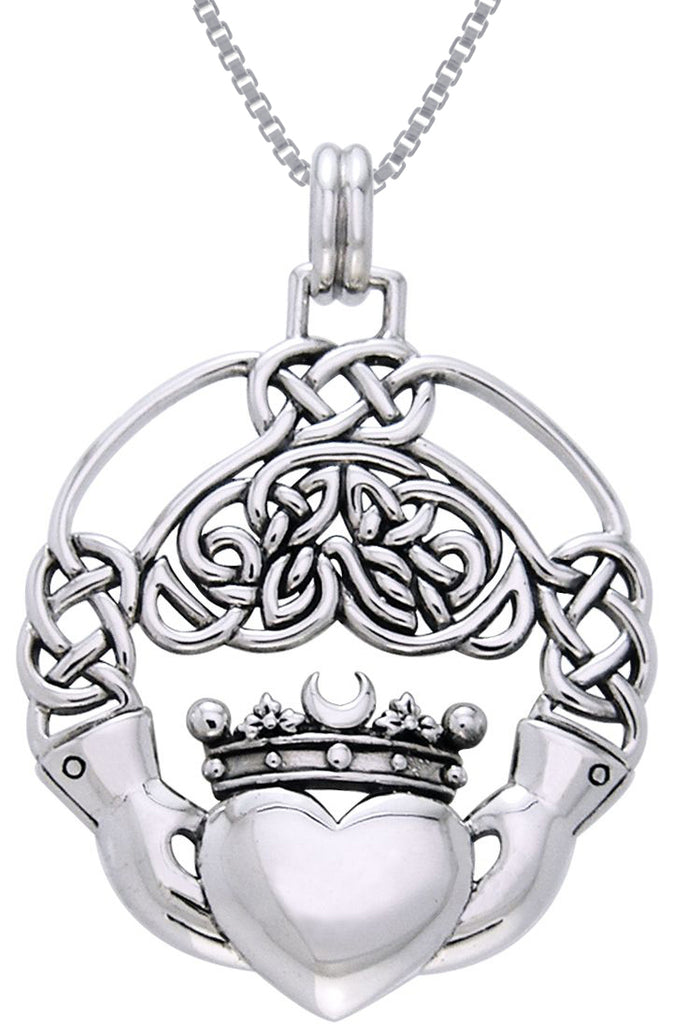 Jewelry Trends Sterling Silver Celtic Claddagh Heart in Hands Pendant on 18 Inch Box Chain Necklace