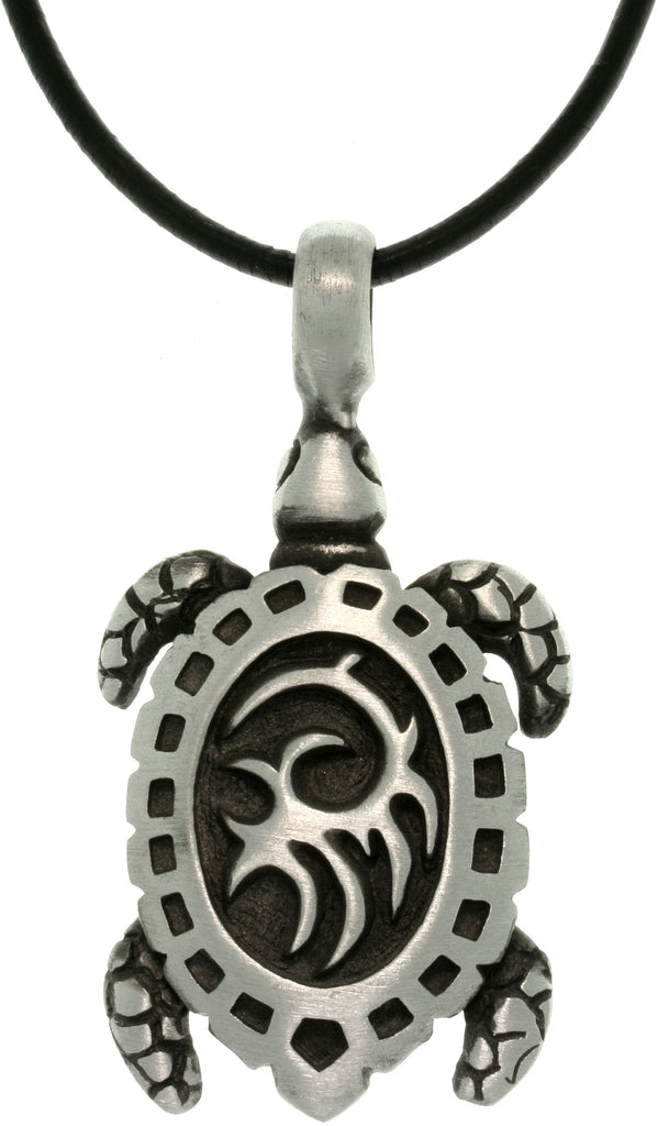 Jewelry Trends Pewter Turtle with Tribal Shell Pendant on 18 Inch Black Leather Cord Necklace