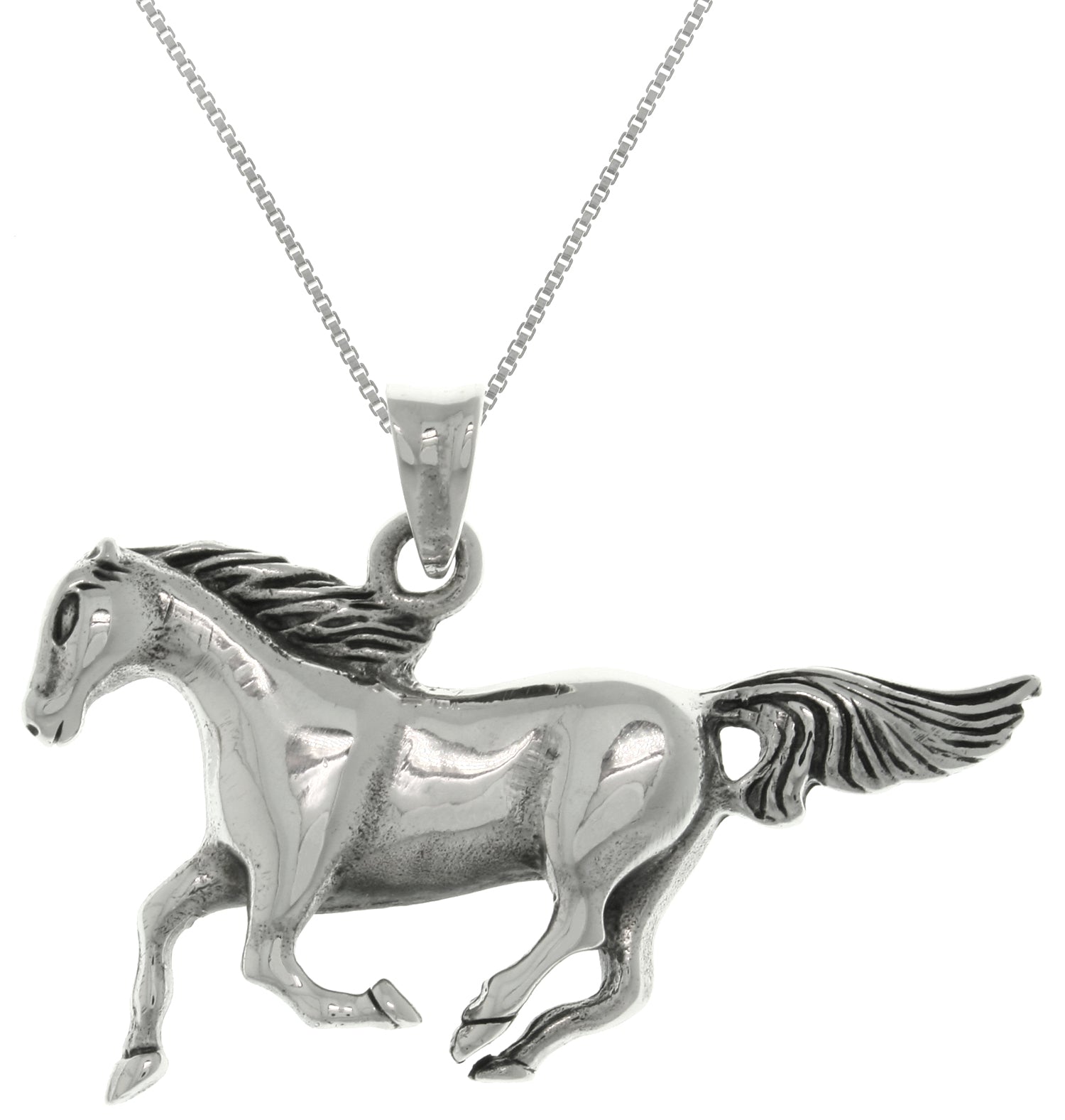 Jewelry Trends Sterling Silver Running Horse Mustang Pendant on 18 Inch Box Chain Necklace
