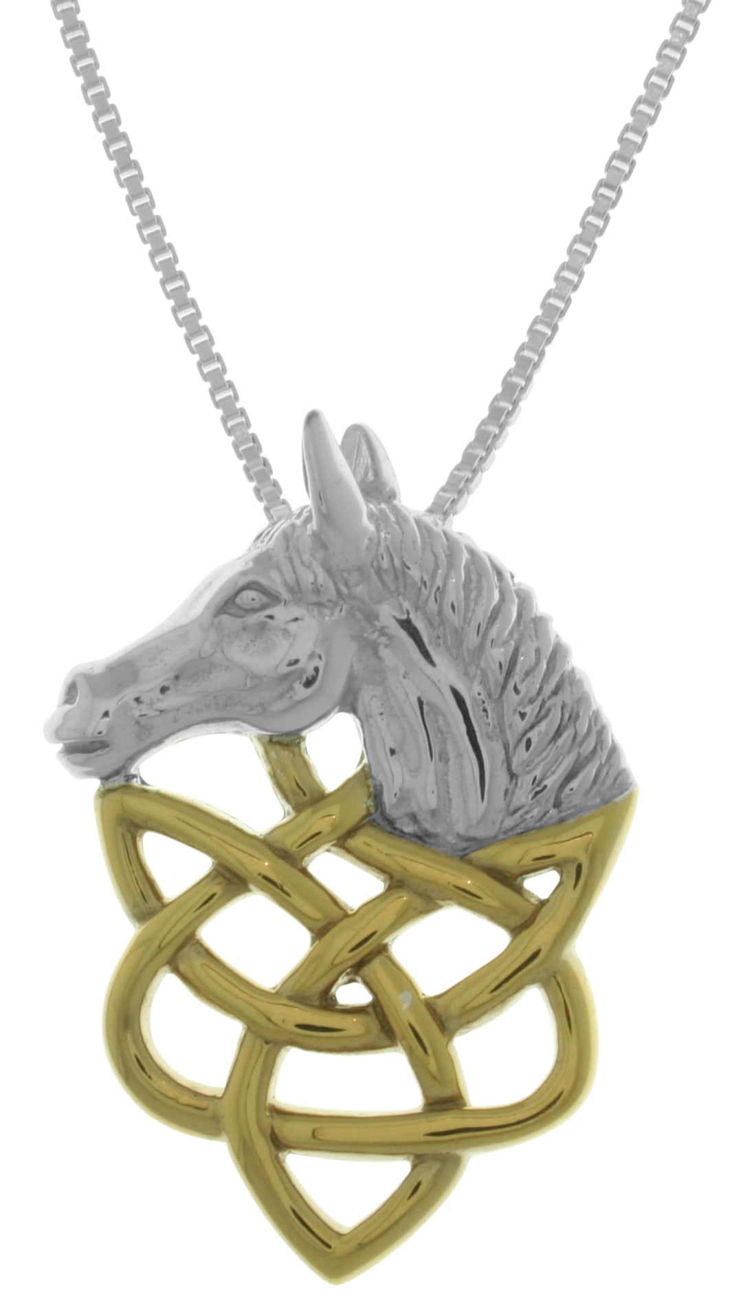 Jewelry Trends Sterling Silver Horse Head with 14k Gold-Plated Celtic Knotwork Pendant on 18 Inch Box Chain Necklace
