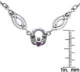 Jewelry Trends Sterling Silver Celtic Claddagh with Amethyst Pendant on Oval Knot and Chain Necklace Necklace