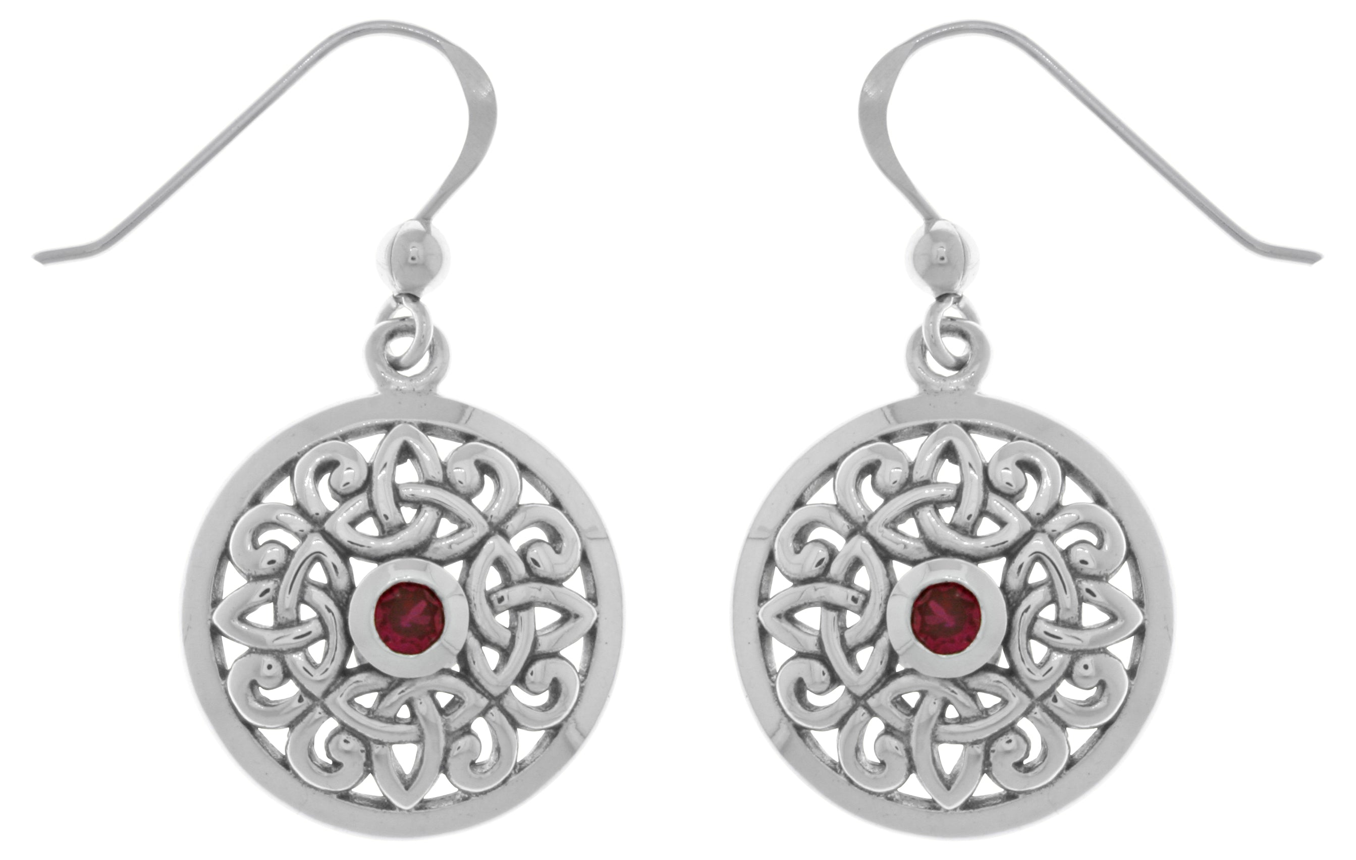 Jewelry Trends Sterling Silver Celtic Knot Round Shield Dangle Earrings with Synthetic Ruby