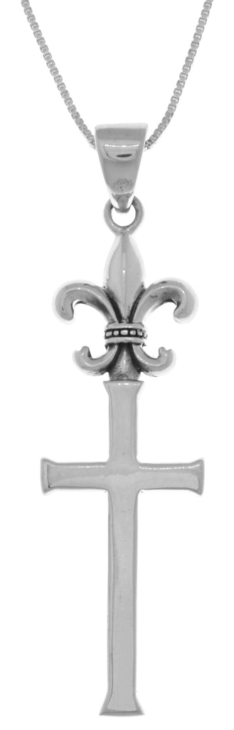 Jewelry Trends Sterling Silver Long Fleur De Lis Topped Cross Pendant on 18 Inch Box Chain Necklace