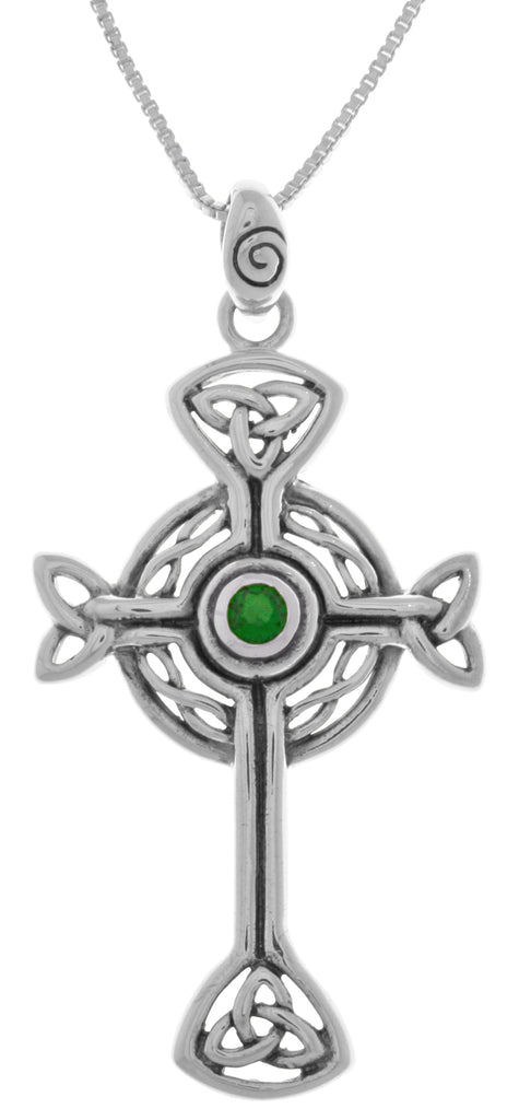 Jewelry Trends Sterling Silver Celtic Trinity Circle of Life Cross Pendant with Green Glass on 18 Inch Box Chain Necklace