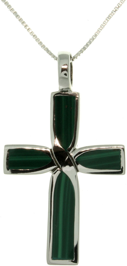Jewelry Trends Sterling Silver Cross Pendant with Green Created Malachite Stone on 18 Inch Box Chain Necklace