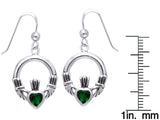 Jewelry Trends Sterling Silver Celtic Claddagh Heart Crown Dark Green Glass Dangle Earrings